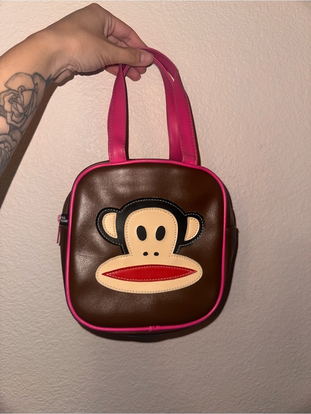 Paul Frank Brown Crossbody Bag with Pink Trim and Red Mouth